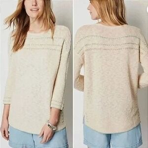 J Jill Beige Light Textured Boat Neck Crochet Knit Tunic Sweater Women Size XL